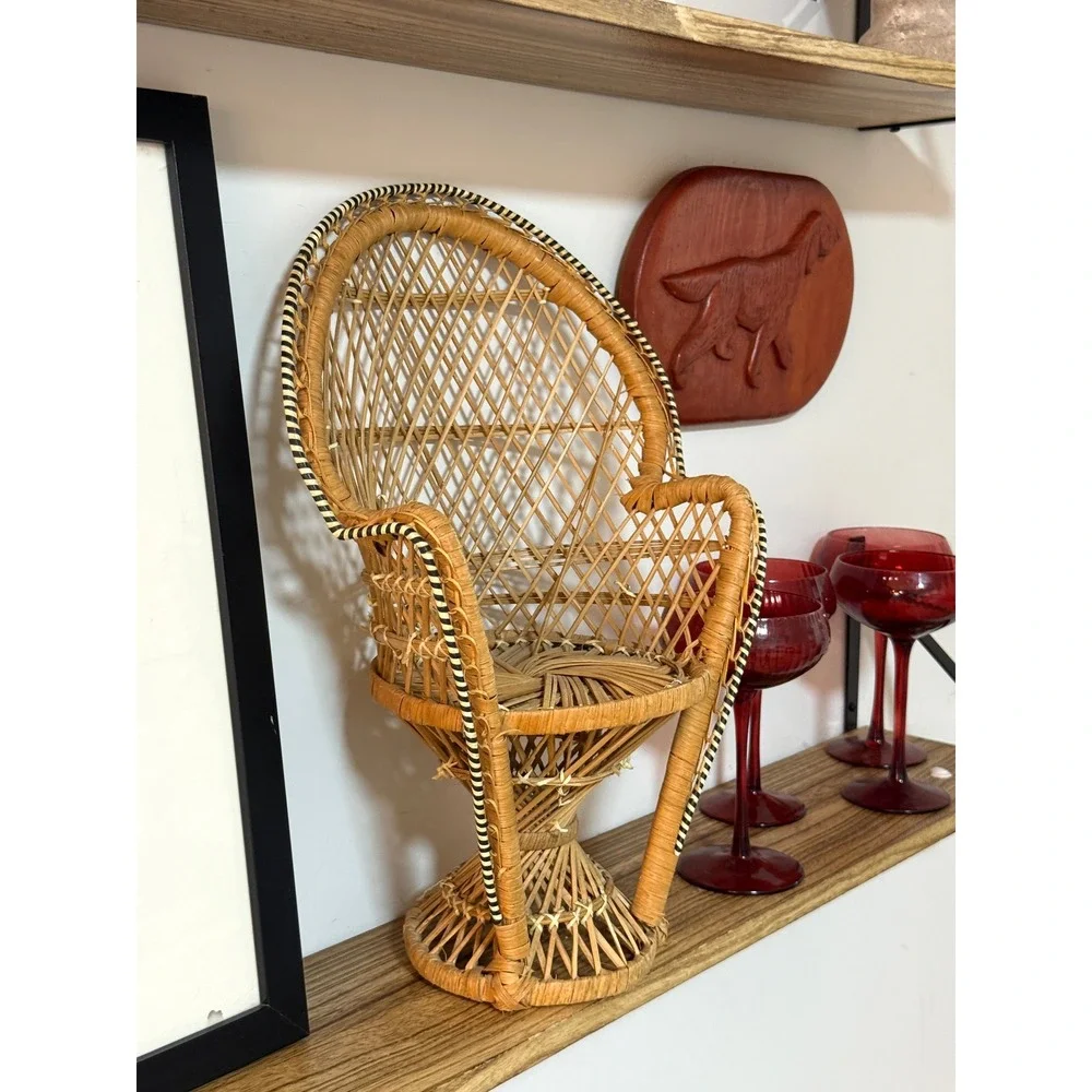 Vintage Mini Peacock Chair Wicker Rattan Boho Doll Plant Display